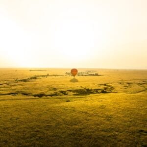 Ballonsafari flyvende over Masai Mara med solopgang i baggrund