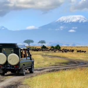 Safari bil foran Kilimanjaro bjerget