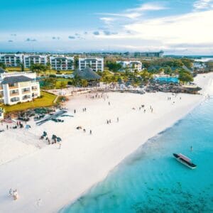 AerialViewOfNungwiBeachInZanzibarTanzaniaWithLuxury