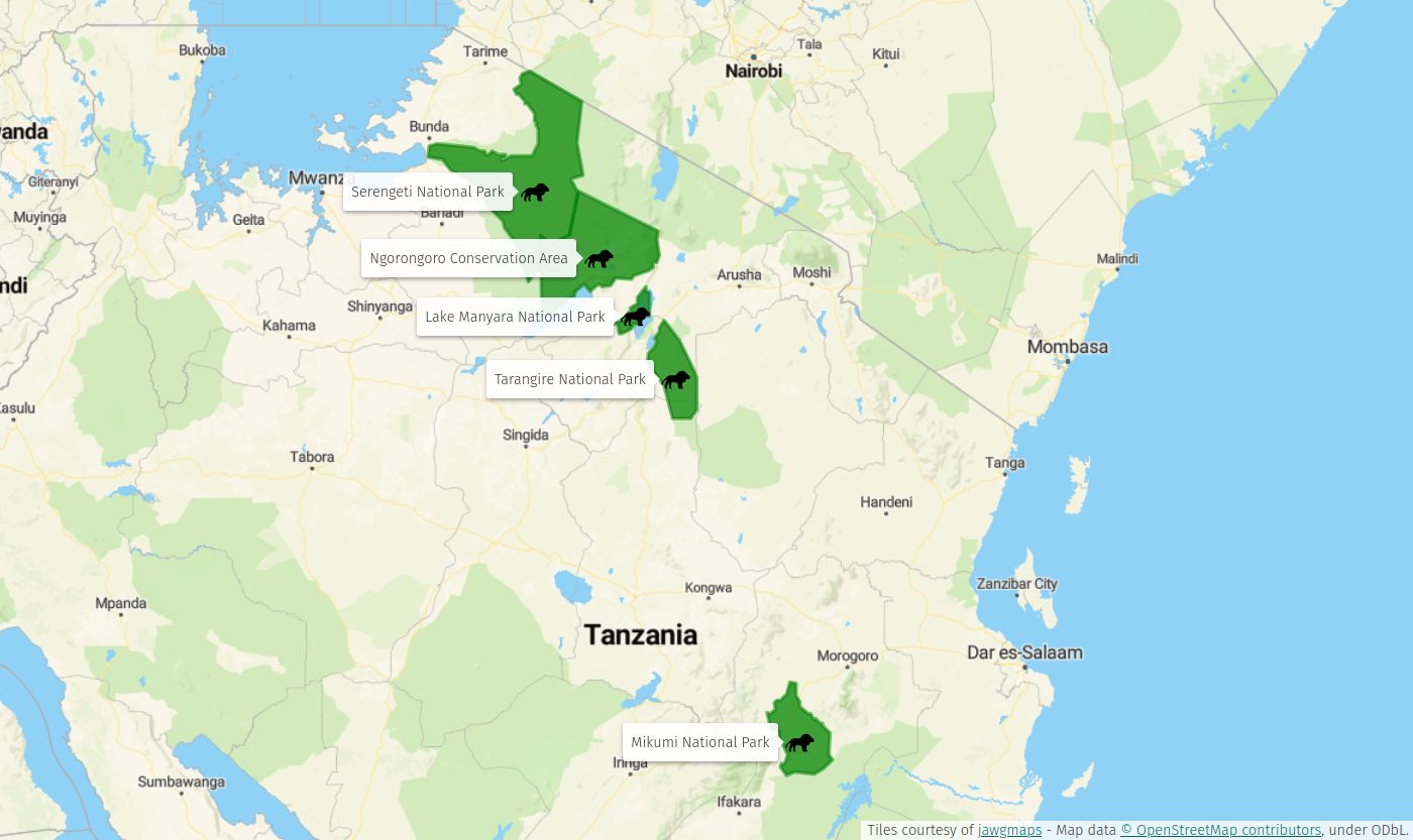 Kort over nationalparker i Tanzania » Tembo Safari Kort over de bedste nationalparker i Tanzania.
