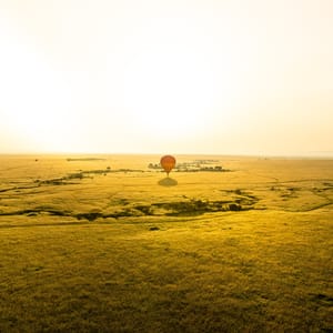 Ballonsafari flyvende over Masai Mara med solopgang i baggrund