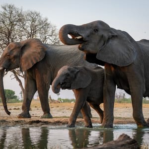 Elefanter drikker ved et vandhul i Hwange Nationalparken i Zimbabwe
